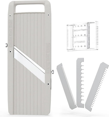 Vollum Mandoline Slicer Vegetable Cutter Stainless Steel Blades | Narrow handheld manual food slicer with interchangeable blades for precise, professional-style kitchen prep.