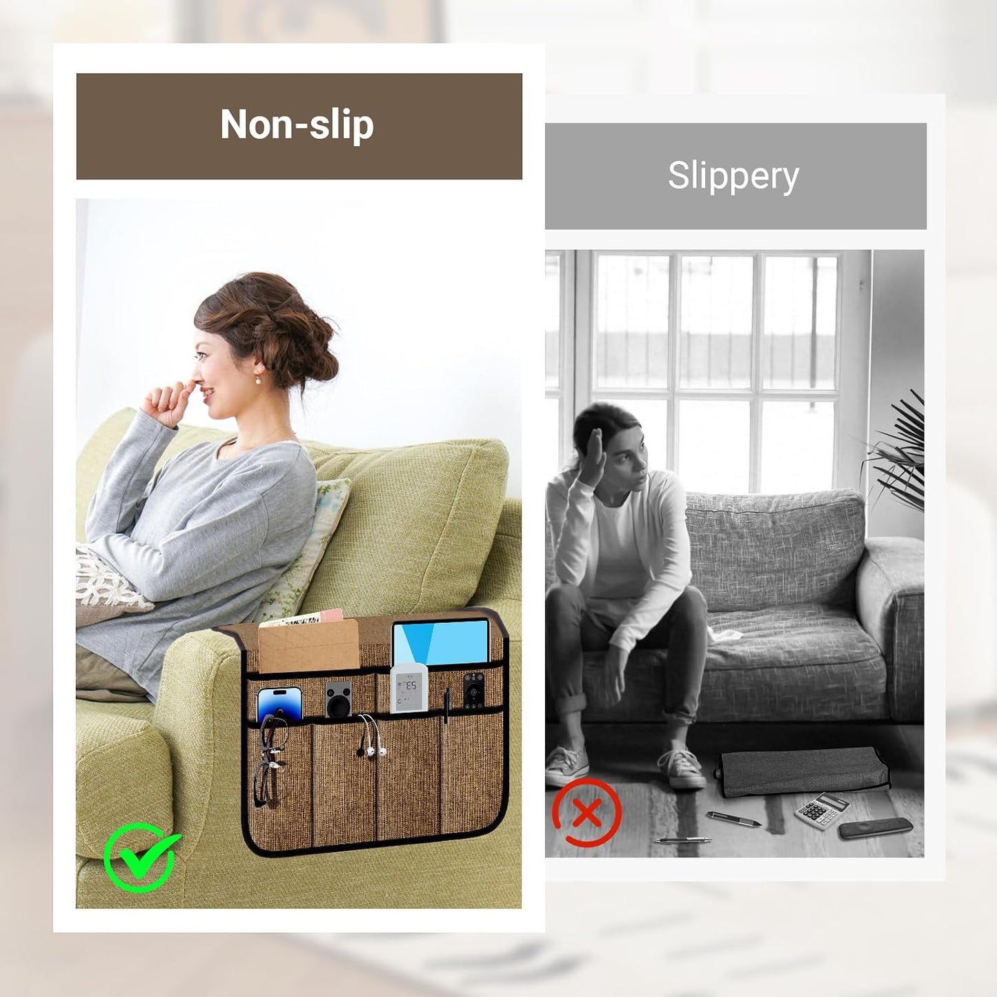 Armchair Caddy & Remote Control Holder for Couch & Recliner | Non-Slip Armrest Organizer with 6 Pockets for TV Remote, Phone, Tablet, Magazine & More, 19 x 35 Inches, Gray