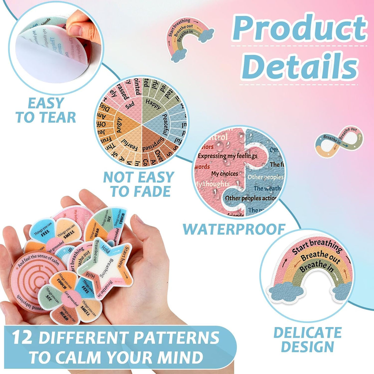 144 Pcs Breath Calm Anxiety Sensory Stickers Reusable Tactile Textured Mindfulness Sticker Fidget Silent Adhesive Sensory Strips for Christmas School Office Adult Teen Tension Student Classroom Supply