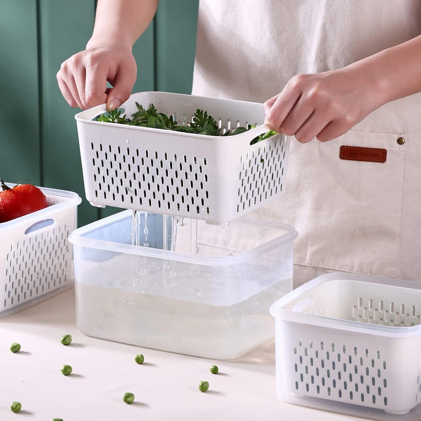 3Pack Fridge Food Storage Container Set with Lids with Strainer, Fruit Vegetable Storage Containers Keep Fruits, Vegetables, Berry, Meat Fresh longer, BPA-Free Plastic Produce Keepers