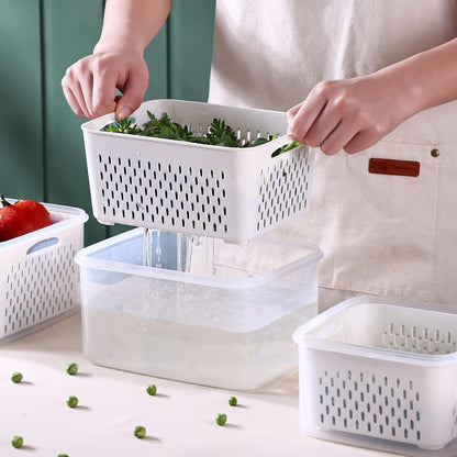 3Pack Fridge Food Storage Container Set with Lids with Strainer, Fruit Vegetable Storage Containers Keep Fruits, Vegetables, Berry, Meat Fresh longer, BPA-Free Plastic Produce Keepers