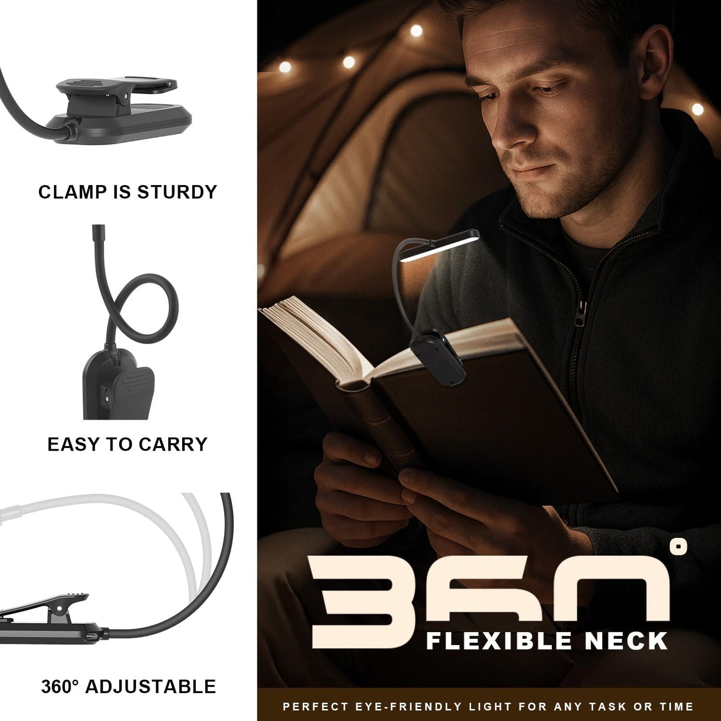 Rechargeable Book Light for Reading in Bed 25 LED - Eye Caring 15 Level Stepless Dimming, Extended 90Hrs Runtime, Lightweight Clip on Light, Gifts for Book Lovers, Black