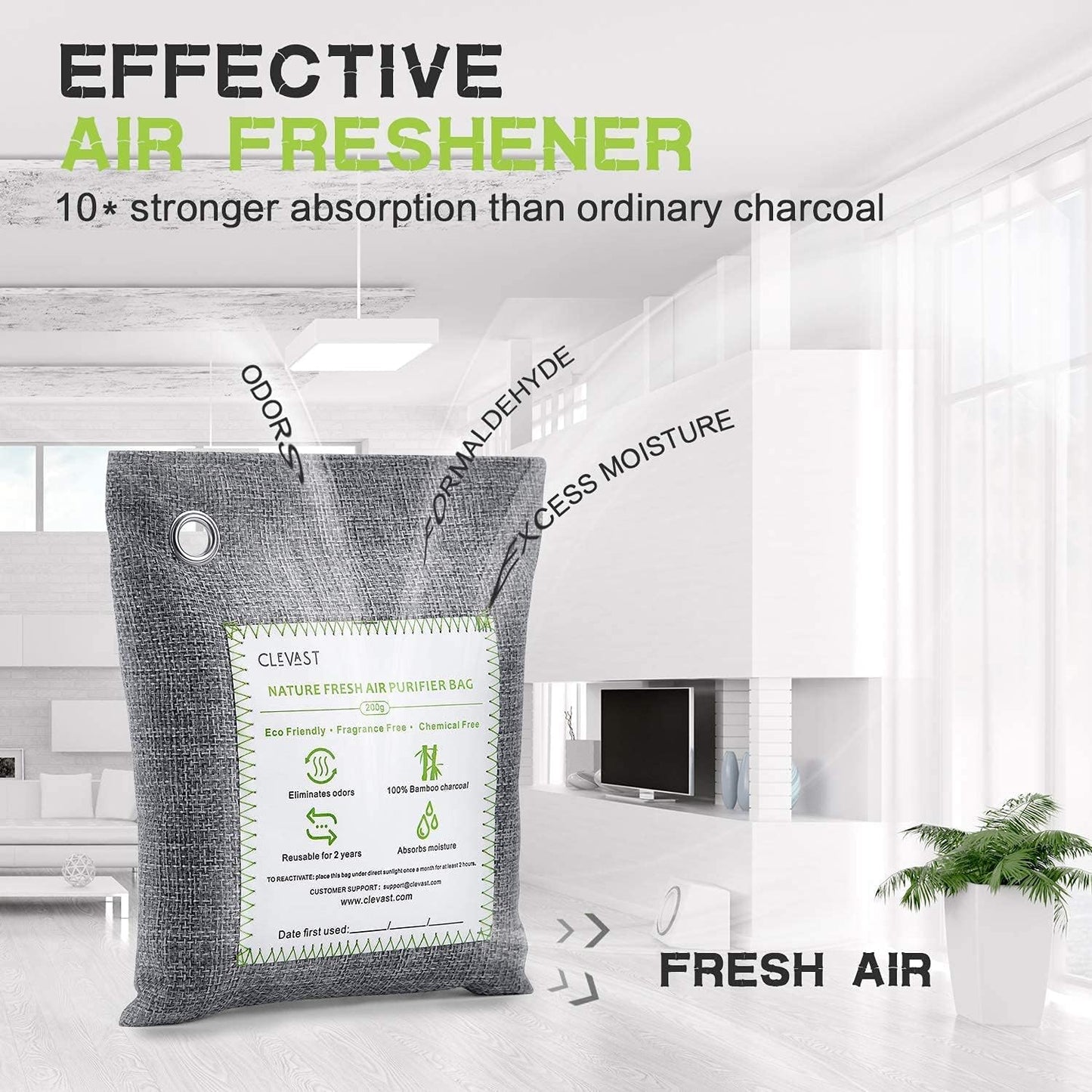 CLEVAST Bamboo Charcoal Air Purifying Bags - (Large, 4×200g), Removes Odors and Moisture, Nature Fresh Air Purifier Bags, Odor Eliminator for Home, Car, Pets, Bathroom, Basement