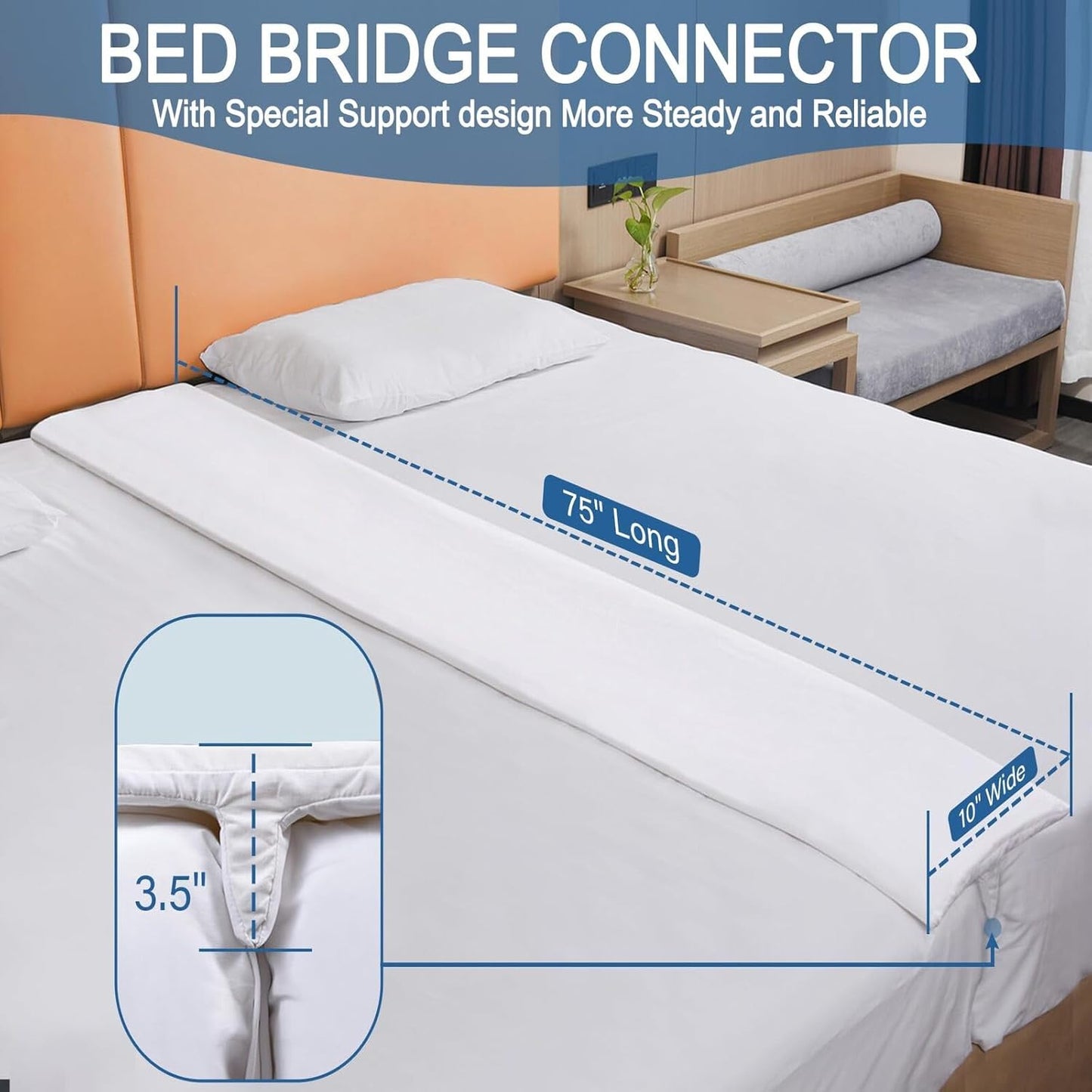 Vekkia Split King Gap Filler for Adjustable Bed,Twin to King Bed Converter Kit,Bed Bridge Twin to King,Mattress Connector with Washable Cover,for Guests Stayovers,Family Room(75in×10in) | Firm Support Twin to King Converter, Bed Bridge Fits 1.5”-3”Gaps,