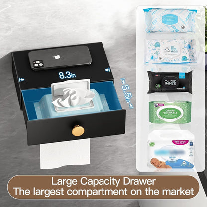 VOLDRA Toilet Paper Holder with Shelf Black Wipes Dispenser for Bathroom Toilet Paper Holder with Storage Upgrade Drawer Design Toilet Tissue Holder Adhesive Small Bathroom Shelf Wall Mount