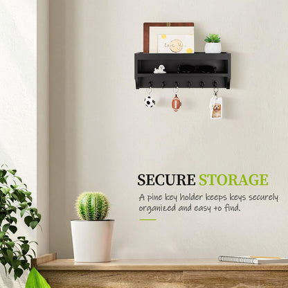 Nekon Key Holder Wall Mount, Pine Wooden Mail Organizer, White | 12.8"W x 5.6"H x 3.7"D Wall Mounted Key and Mail Organizer with 6 Key Hooks, Key Rack for Home Entryway Decor
