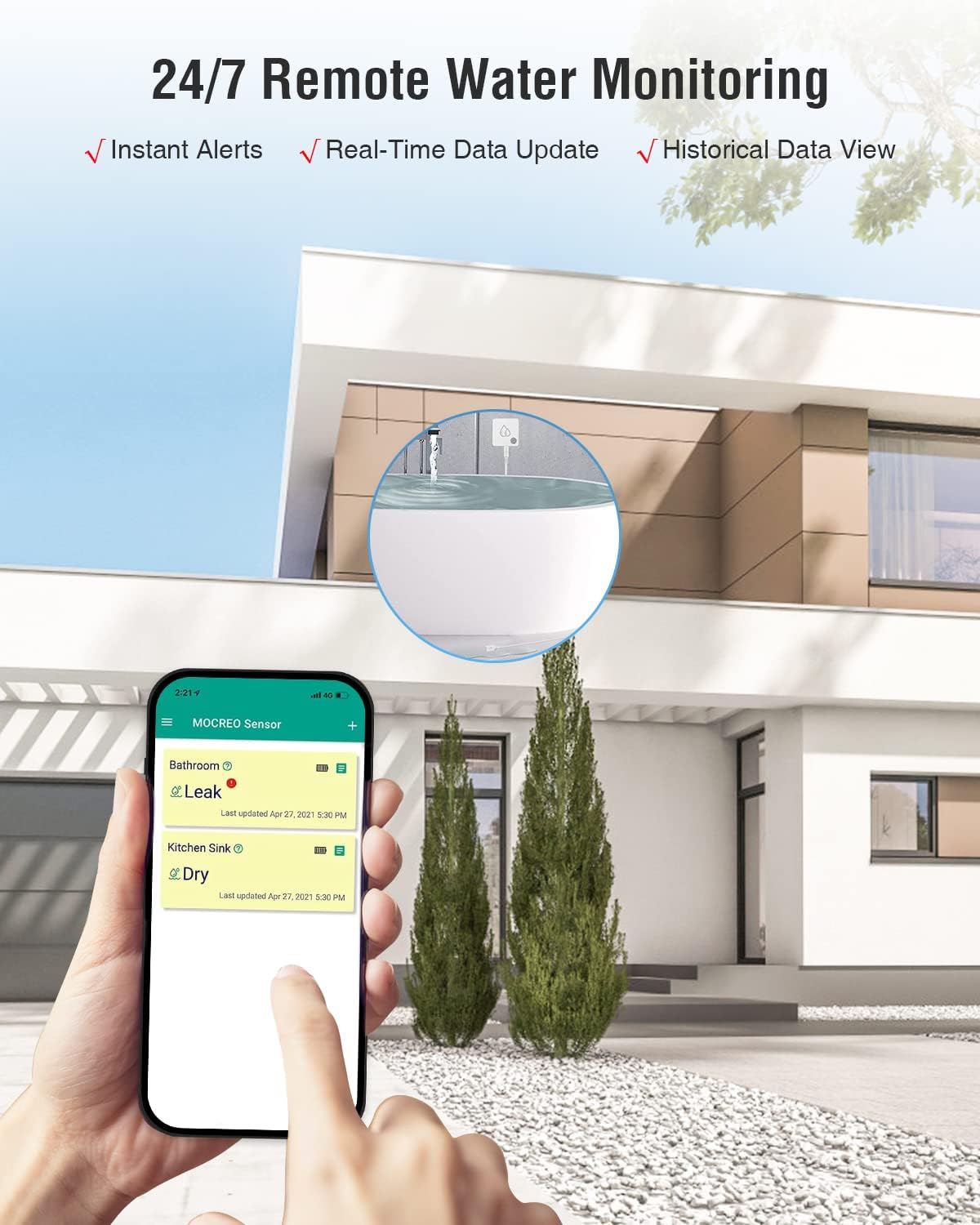 Water Leak Detector for Home, 95dB Water Alarm, 1m Probe, Hub Add-On | One probe tip on a 39 in waterproof cable; water and no-water alert modes; under sink, washer, heater, basement, sump pit
