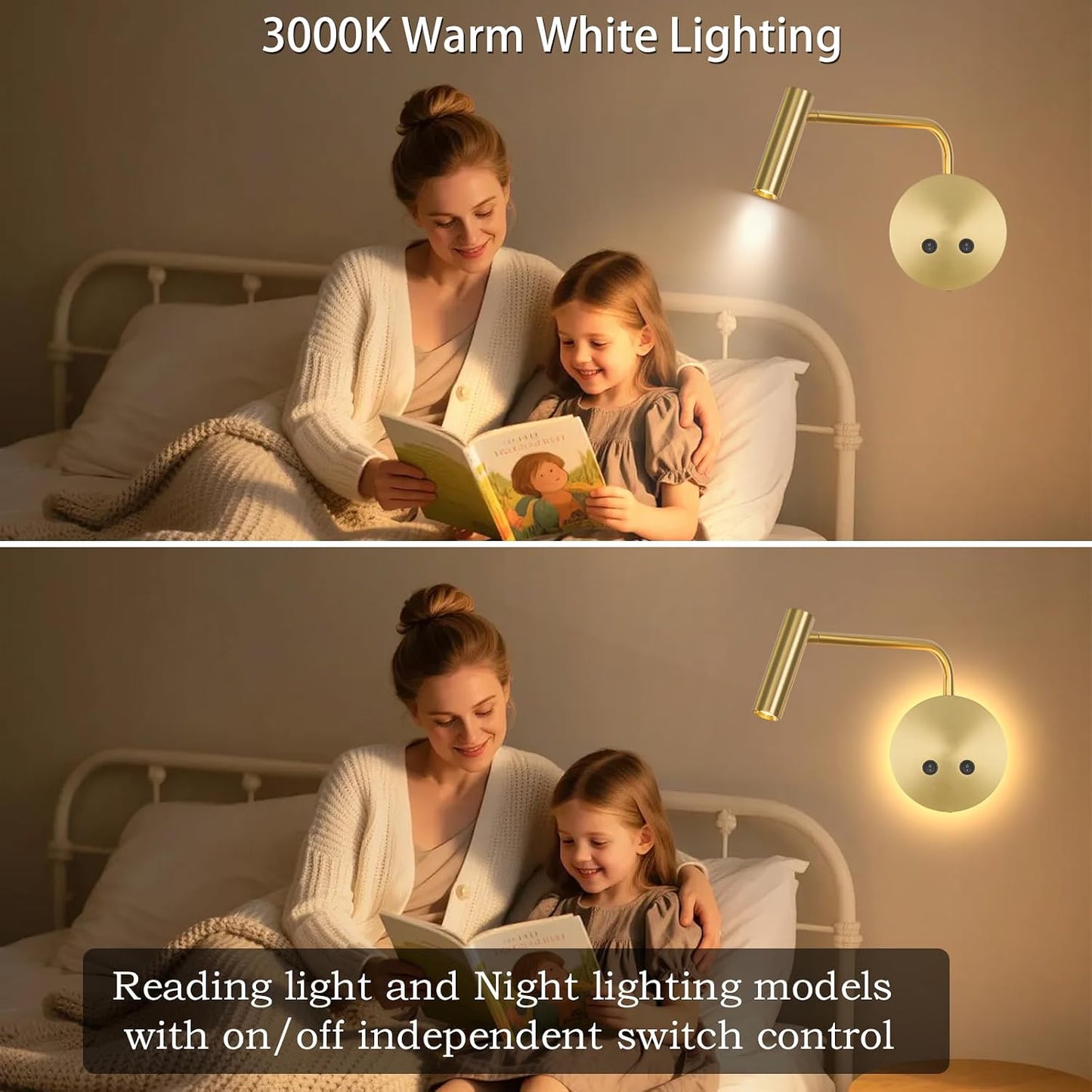 Matte Black Wall Mounted Reading Light, 3000K Flexible Headboard Reading Sconces with On Off Switch Control, Plug in/Hardwired Wall Light Fixtures with Night Light for Bedside Bedroom Bunk