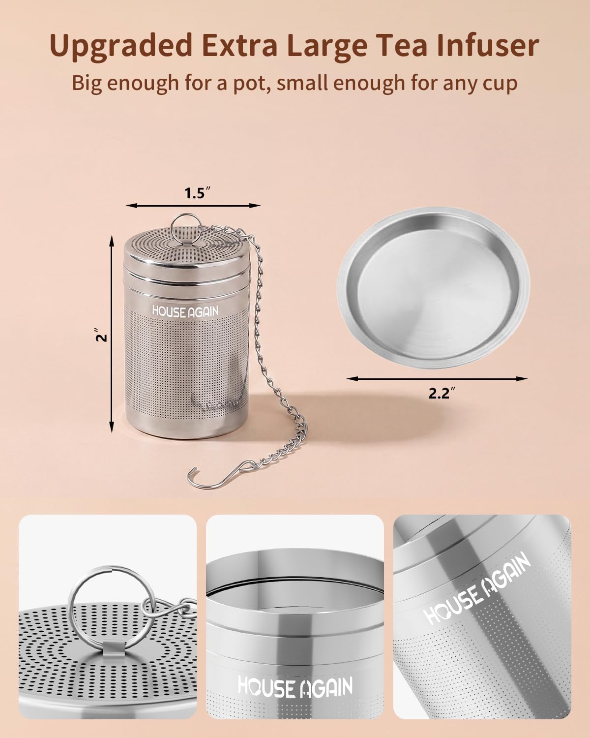 House Again 2 Pack Tea Infusers, Extra Fine Mesh Tea Strainers for Loose Tea, Updated Slim Threaded Lid & 304 Stainless Steel, Loose Leaf Tea Steeper for Brew Tea Spices & Seasonings