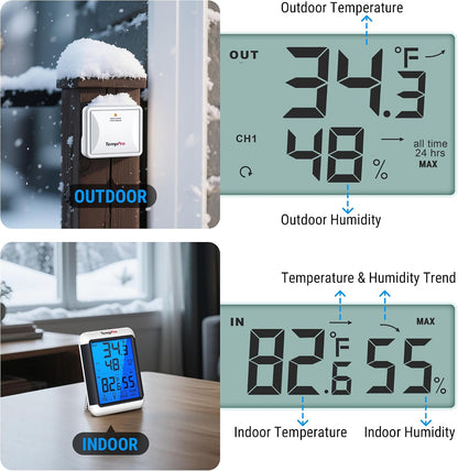 TempPro TempAir Digital Indoor Hygrometer Thermometer with Touchscreen | 4-Inch Temperature/Humidity Monitor with Backlit, Room Thermometer/Humidity Meter for House Home Greenhouse