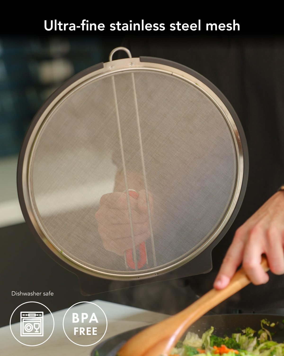 Self-Standing Splatter Screen, Heavy-Duty Stainless Grease Guard | For frying pans & induction cookers, heat-resistant, bpa-free, dishwasher safe, compact storage; blocks splatter
