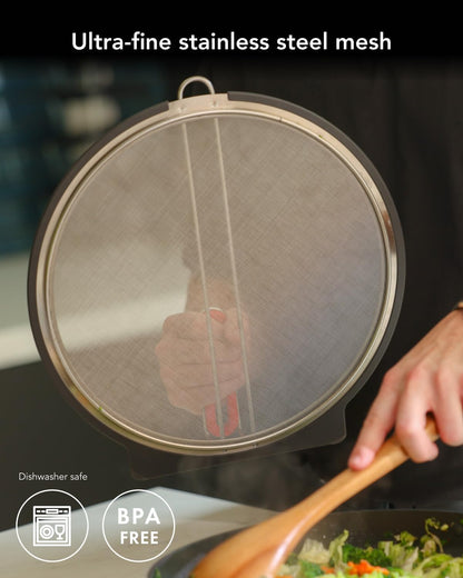 Self-Standing Splatter Screen, Heavy-Duty Stainless Grease Guard | For frying pans & induction cookers, heat-resistant, bpa-free, dishwasher safe, compact storage; blocks splatter
