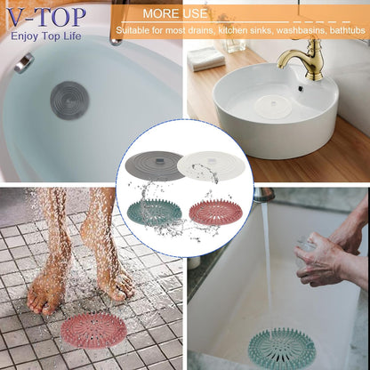 Shower Drain Hair Catcher Tub Stopper, V-TOP Drain Cover for Shower to Catcher Hair, Silicone Bathtub Drain Plug Suit for Bathroom Kitchen and Laundry, 4 Pack