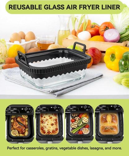 Air Fryer Glass Liner Reusable with Removable Silicone Ring, Air Fryer Accessories for Ninja Foodi DZ201/DZ401/DZ550, for COSORI/Chefman/Instant, Heat-Resistant, Dishwasher Safe & BPA-Free