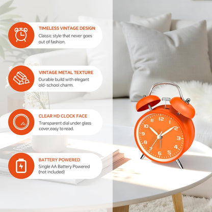 4.5" Metal Loud Alarm Clock for Heavy Sleepers Adults, Analog Battery Operated Alarm Clock with Bells Glow in Dark Numbers, Silent Old School Bedside Desk Clock for Bedroom Office Kids, Black