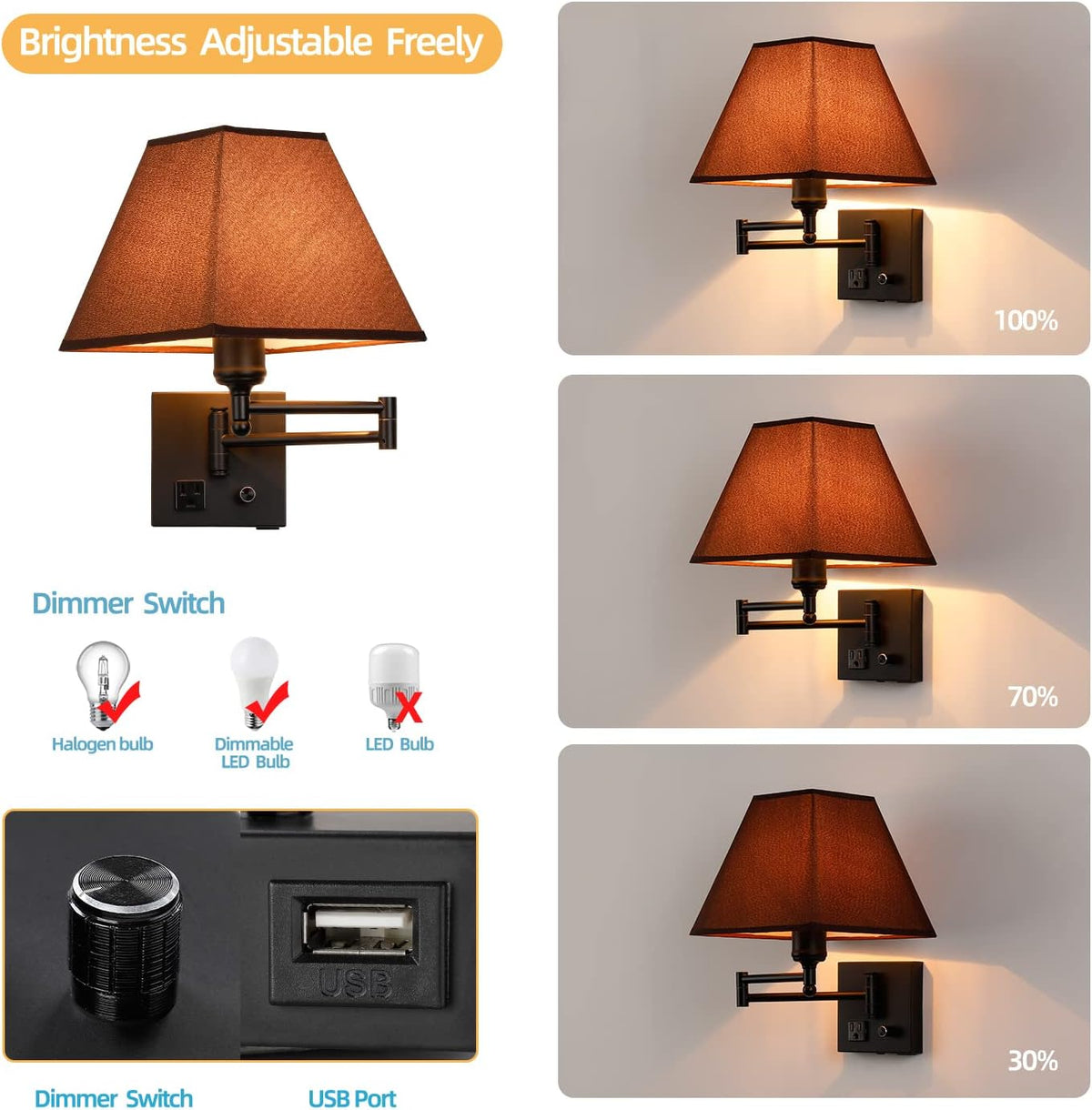 Wall Mounted Lamp Plug in Wall Sconce with Dimmable Switch Swing Arm Wall Lamp Whire Fabric Shade with USB Port Gold Wall Sconce Suitable for Hallway Bedroom Living Room…