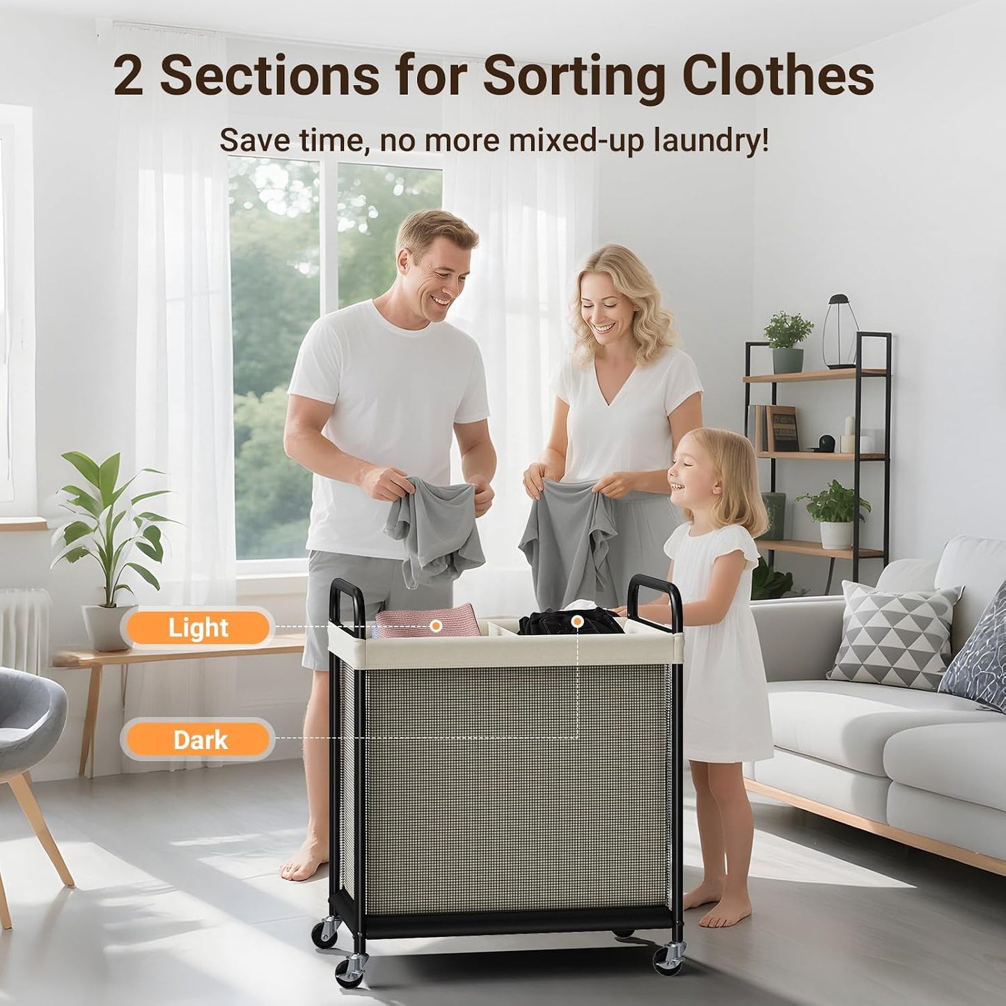 ELYKEN Laundry Hamper 2 Section, 100L Rolling Laundry Sorter with Wheels | Removable Washable Liner Bags, Sturdy Steel Frame and Metal Handle, Double Compartment Clothes Organizer for Laundry Sorting