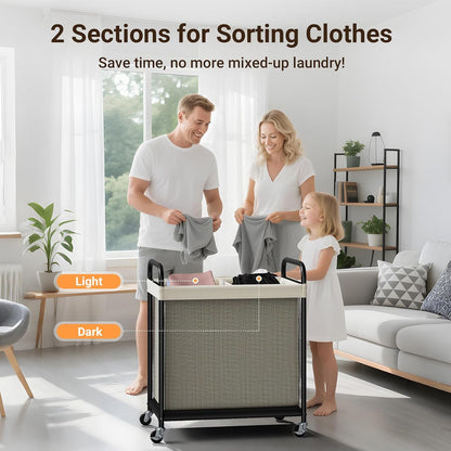 ELYKEN Laundry Hamper 2 Section, 100L Rolling Laundry Sorter with Wheels | Removable Washable Liner Bags, Sturdy Steel Frame and Metal Handle, Double Compartment Clothes Organizer for Laundry Sorting