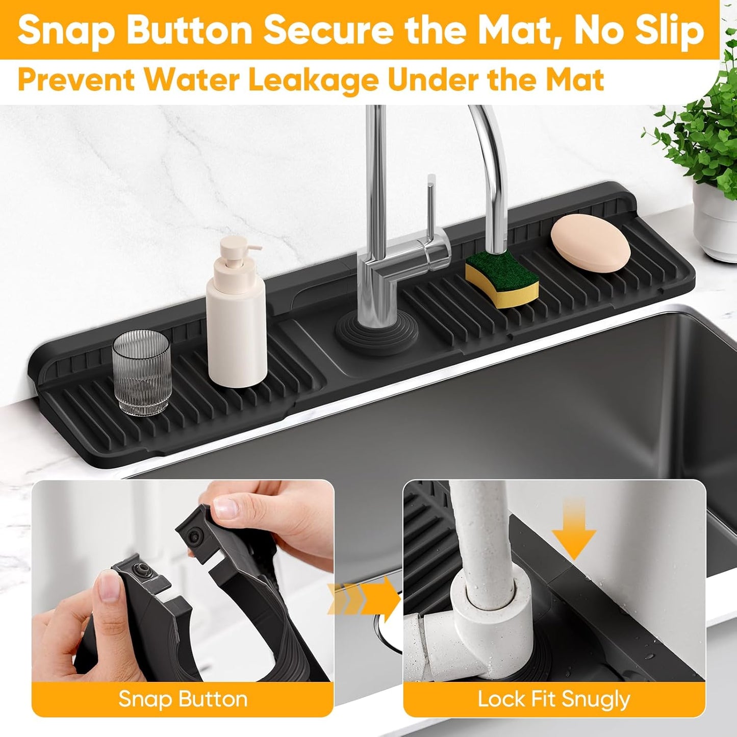 24'' Longer Faucet Mat for Kitchen Sink Splash Guard[7° Slope Fast Self-draining][Snap Lock Fit]Kitchen Sink Faucet Mat Splash Guard Kitchen Sink Area Water Splash Guard Behind Faucet Draining Mat