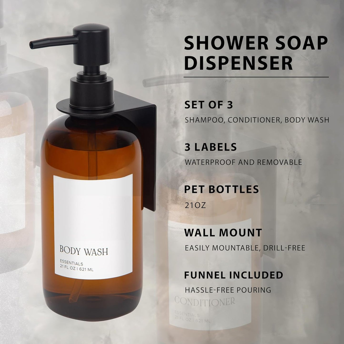 Stylish Shampoo & Conditioner Dispenser Set of 3 - Wall Mount, Drill Free | Modern 21oz Shower Soap Bottles with Labels - Easy Refill Body Wash Dispensers for an Instant Bathroom Decor Upgrade