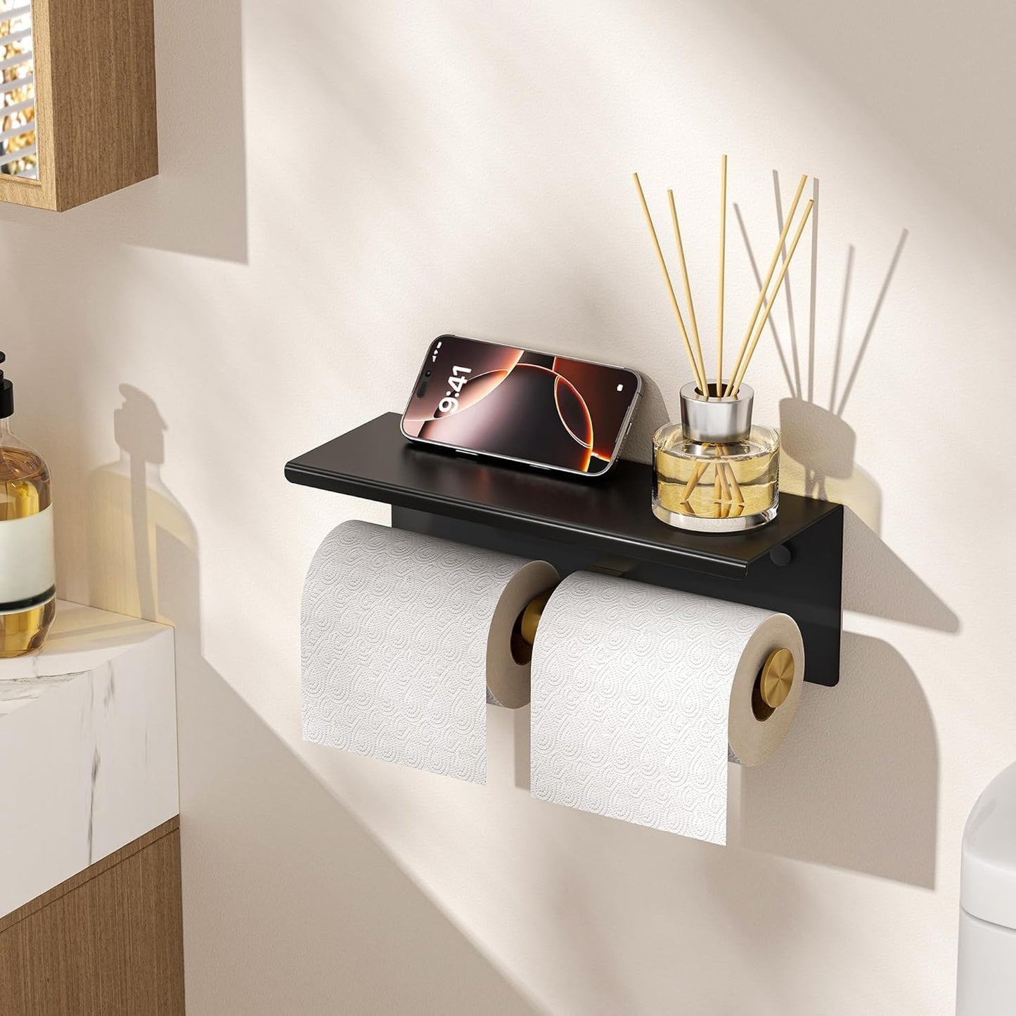 FORIOUS Toilet Paper Holder with Shelf, Commercial Toilet Paper Dispensers | Brushed Nickel | Wall Mount Bathroom Tissue Holder | SUS304 Stainless Steel Rustproof | Double Tissue Roll Holder