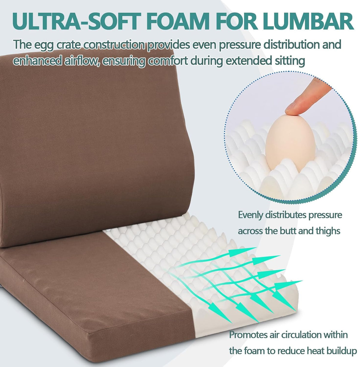 Shinnwa Lumbar Support Pillow for Recliner, Ultra-Soft Foam Back Support Pillow and Egg Crate Foam Seat Cushion 2-in-1 for Couch, Office Chair, for Back Pain Relief, Brown