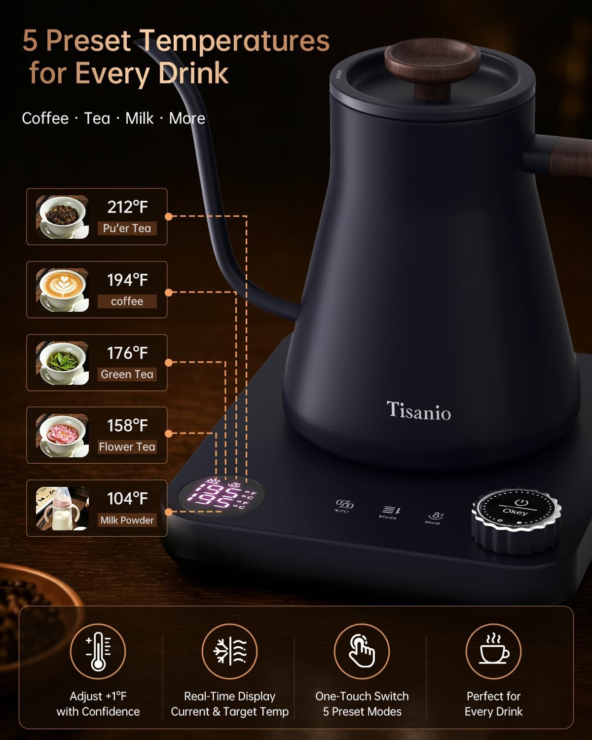 Gooseneck Electric Kettle with Temperature Control, 0.9L, Black | ±1°F Precision Pour Over Kettle, LCD Dual Display, Smart Two-Stage Heating, 2H Keep Warm, 304 Stainless Steel Interior