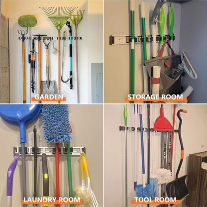 reliahom Broom Holder Wall Mount Mop Hanger Tools organizer 5Racks 4Hooks | Adjustable Mop Broom Wall Hanging Heavy duty Tools Storage Rack Space-saving for Garage,Kitchen,Laundry Room,Garden, Silver