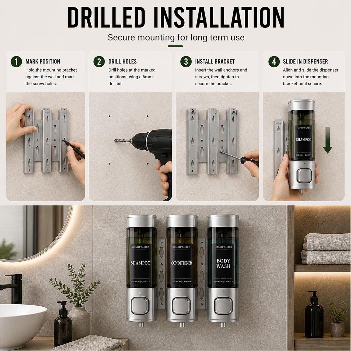 Shampoo and Conditioner Dispenser, Shower Soap Dispenser Wall Mounted, Shower Dispenser 3 Chamber No Drill for Bathroom Large Capacity (Silver)