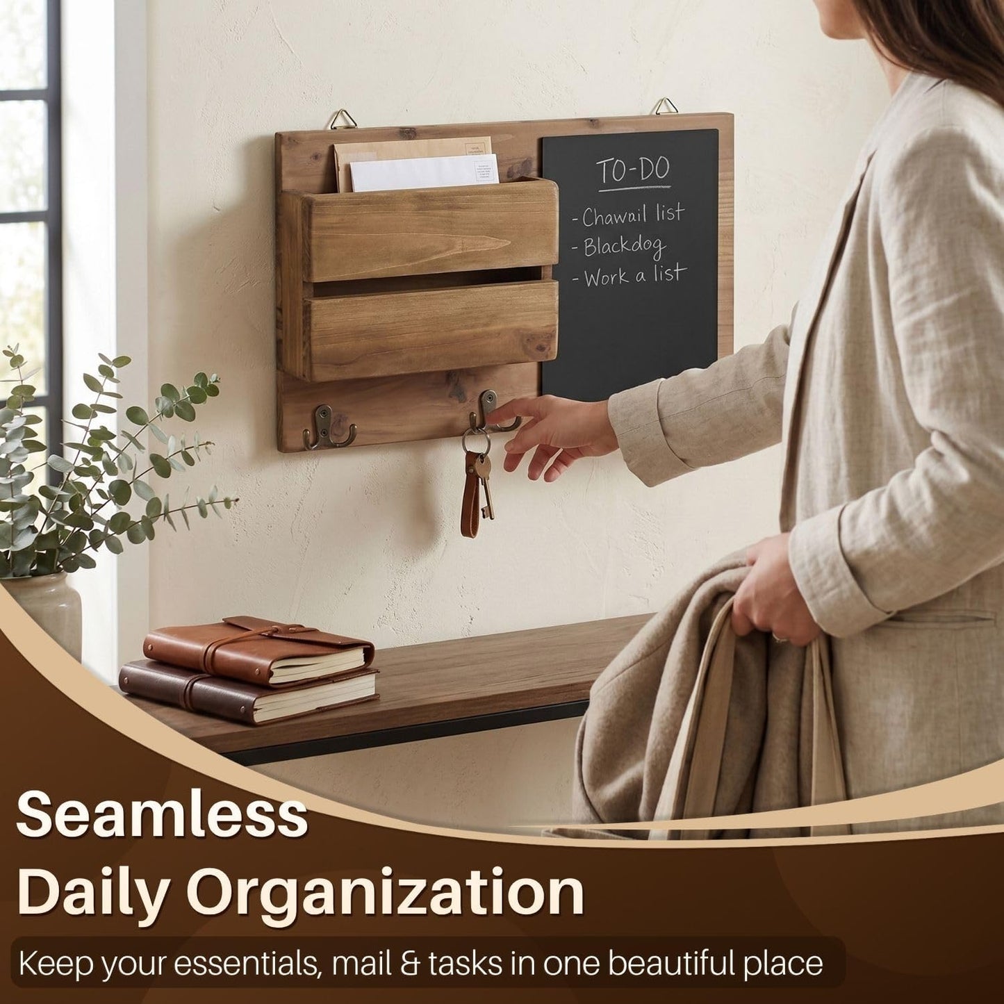 Flexzion Chalkboard Key Holder Wall Mount, Mail Organizer with Wood Shelf | Rustic Wood Entryway Message Center with Double Hooks and Mail Slot for Letters, Notes, Wallets and Daily Essentials