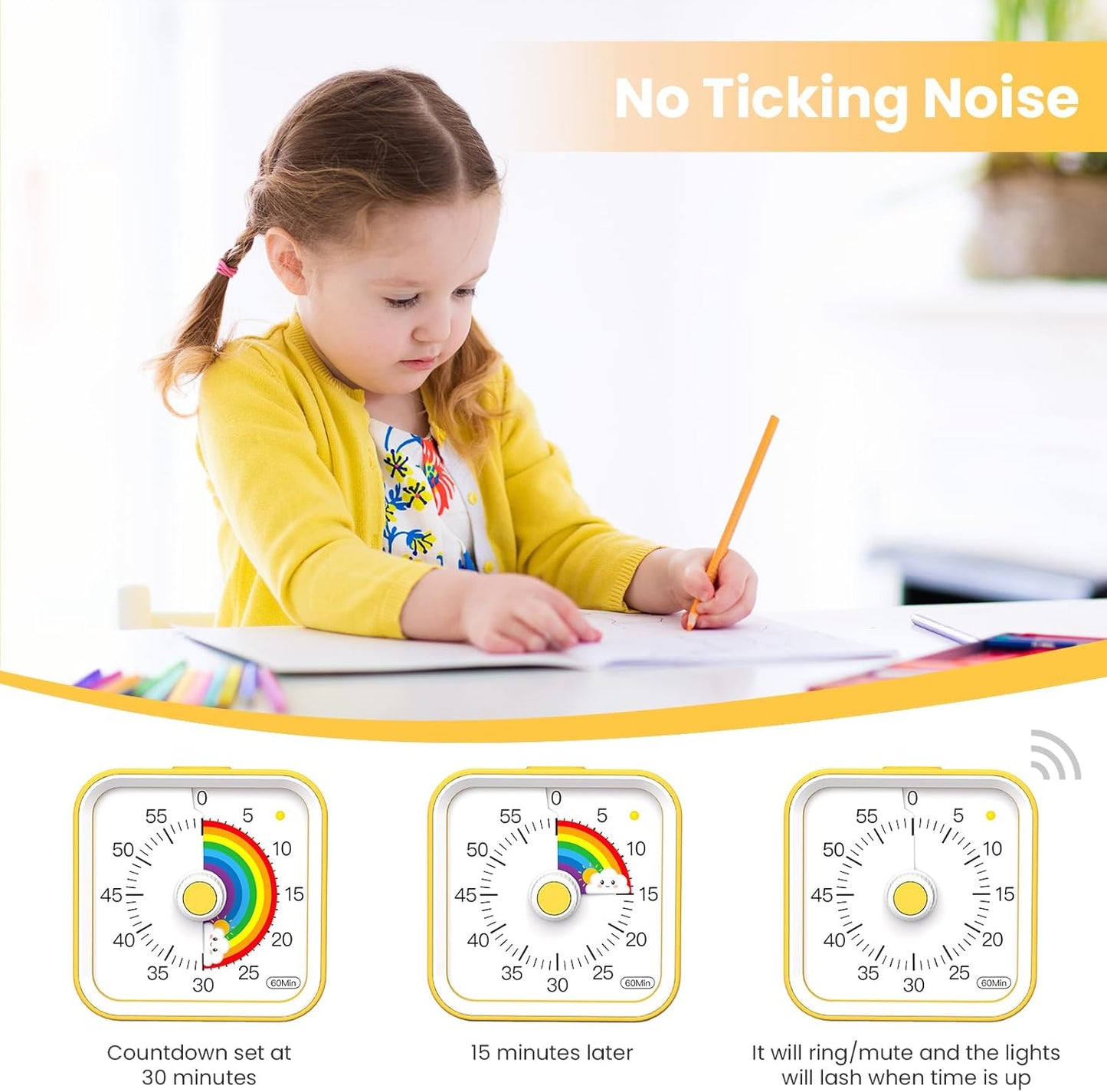 Visual Timer for Kids, Countdown Timer with Pause Function, White | Timer for Kitchen Cooking, Classroom, Study, Toddler, ADHD, Cute Timer Clock, Alarm 3 Volume Levels, Light Indicator