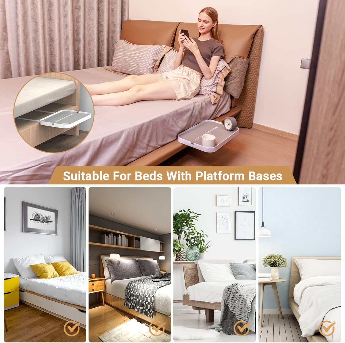 KIWIFOTOS Raised Bedside Shelf for Bed Tray Table Under Mattress