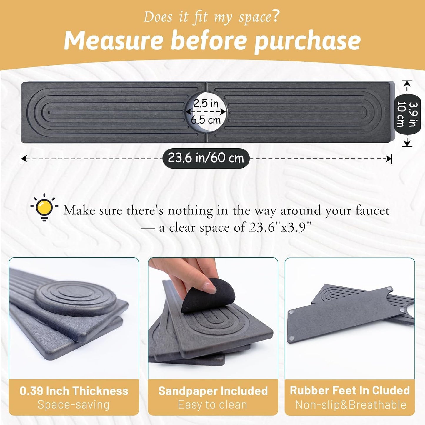 Faucet Mat for Kitchen Sink, 18" Wide Diatomite Fast Drying Stone Tray, Super Absorbent, Prevents Moisture Buildup, Faucet Water Splash Guard for Bathroom Counter, Sink Protector Gift for Mom, White