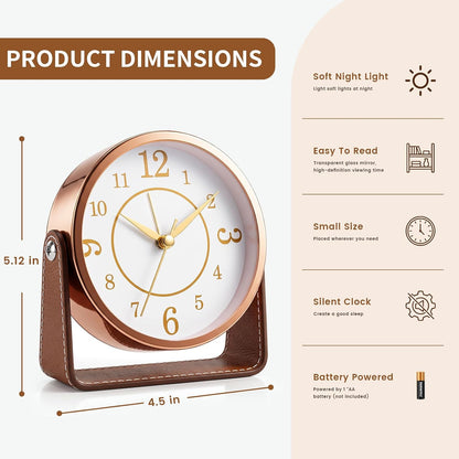 Analog Alarm Clock - 4.5" Silent Non Ticking Small Clock with Light, Rotatable Stand Metal Desk Clock Battery Operated, Simple Design for Living Room Decor/ Bedroom/Bedside/Shelf (Black & White)