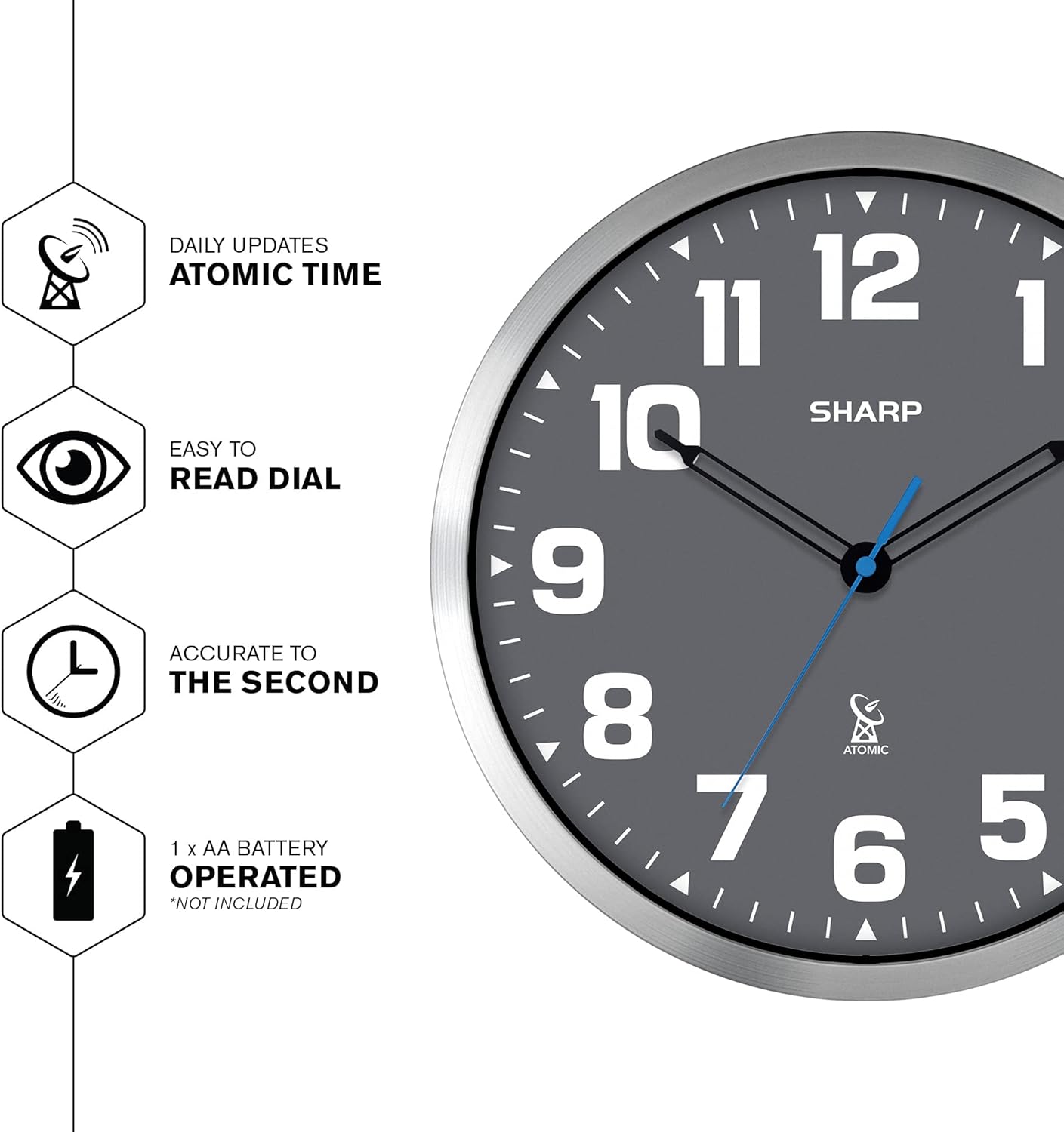 Sharp 12-Inch Atomic Wall Clock, Battery Operated, White with Black Frame | Self-setting atomic time; Easy-read analog face; Automatic time adjustment; Simple setup; Versatile home or office style