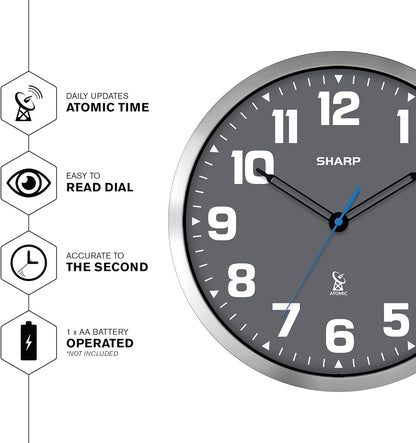 Sharp 12-Inch Atomic Wall Clock, Battery Operated, White with Black Frame | Self-setting atomic time; Easy-read analog face; Automatic time adjustment; Simple setup; Versatile home or office style