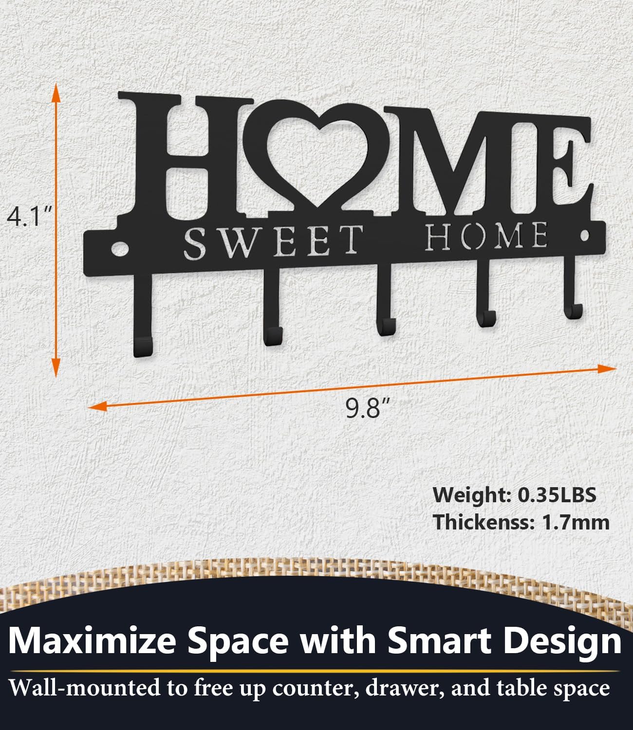 Key Holder Hooks Organizer Shelf Hanger Rack Wall Mounted Sweet Home Metal Decor Stylish and Practical for Entryway Front Door Kitchen Hallway Garage Mudroom Office Hardware Included Black