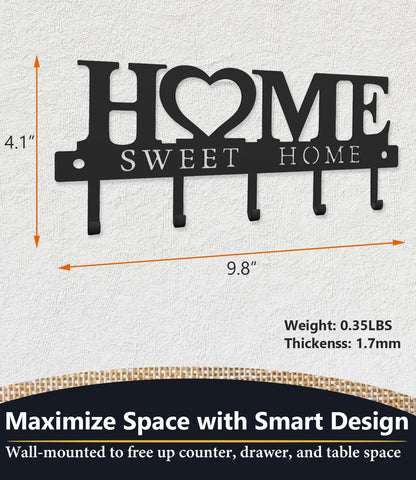 Key Holder Hooks Organizer Shelf Hanger Rack Wall Mounted Sweet Home Metal Decor Stylish and Practical for Entryway Front Door Kitchen Hallway Garage Mudroom Office Hardware Included Black