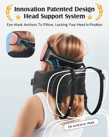 YFONG Travel Pillow with Head Support & Sleep Mask for Long Flights, Black | Patented 360° Support System, Prevents Bobbing, Airplane Head Strap, 3D Eye Mask, Memory Foam Neck Pillow, Travel Essential