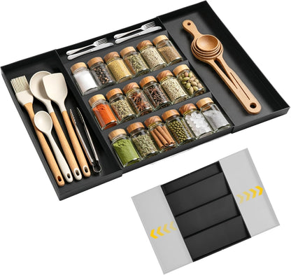 Expandable Drawer Organizer for Utensils & Office – 5 Compartment + 2 Utensil Slots, 11.8" to 23.4" Adjustable Black ABS Tray for Kitchen Flatware, Desk, Vanity & Junk Drawers