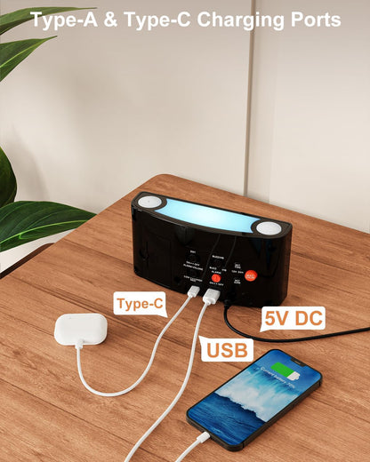 Mesqool Vibrating Alarm Clock with Bed Shaker for Heavy Sleepers | Powerful vibration and buzzer with 3 wake modes, RGB display, night light, dual USB charging, and battery backup