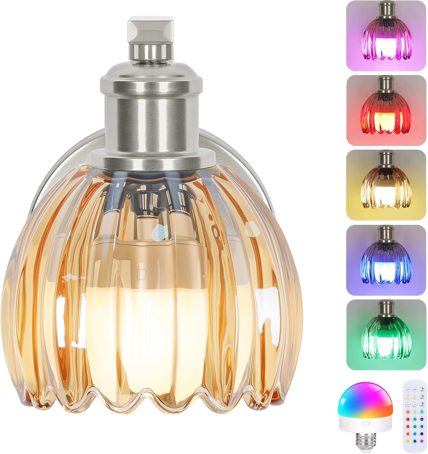 Rechargeable Battery Operated Wall Sconce Set of Two with Green Glass Lampshade, Wireless Battery Powered Wall Lamp with Remote Control, 15 Colors Gold Wall Light for Bedside Hallway Bedroom Doorway
