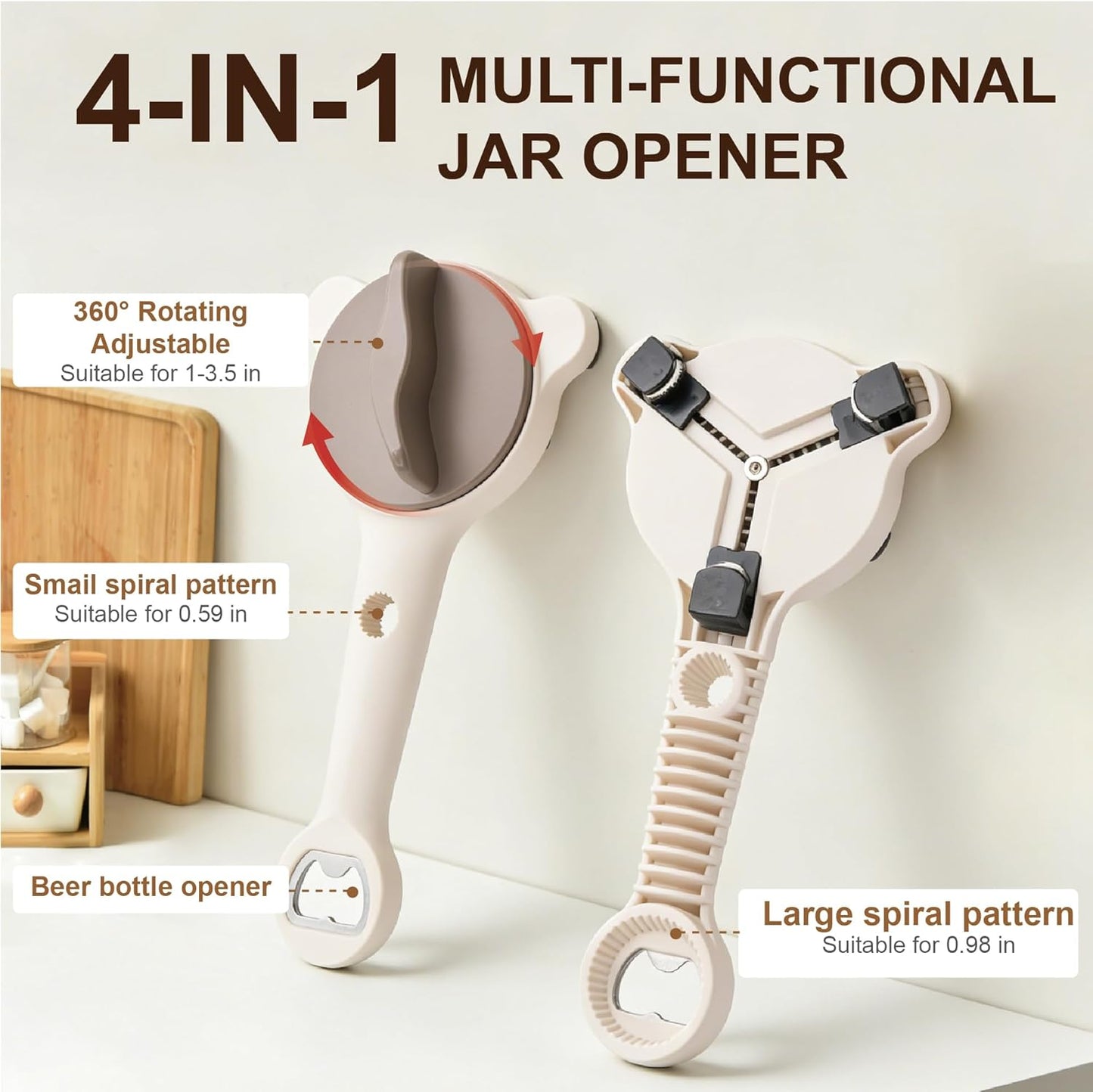 4-in-1 Jar Opener for Seniors & Weak Hands, Adjustable Stainless Steel Opener for Jars, Beer Bottles, and Salad Dressing – Easy-Grip Kitchen Tool (White)