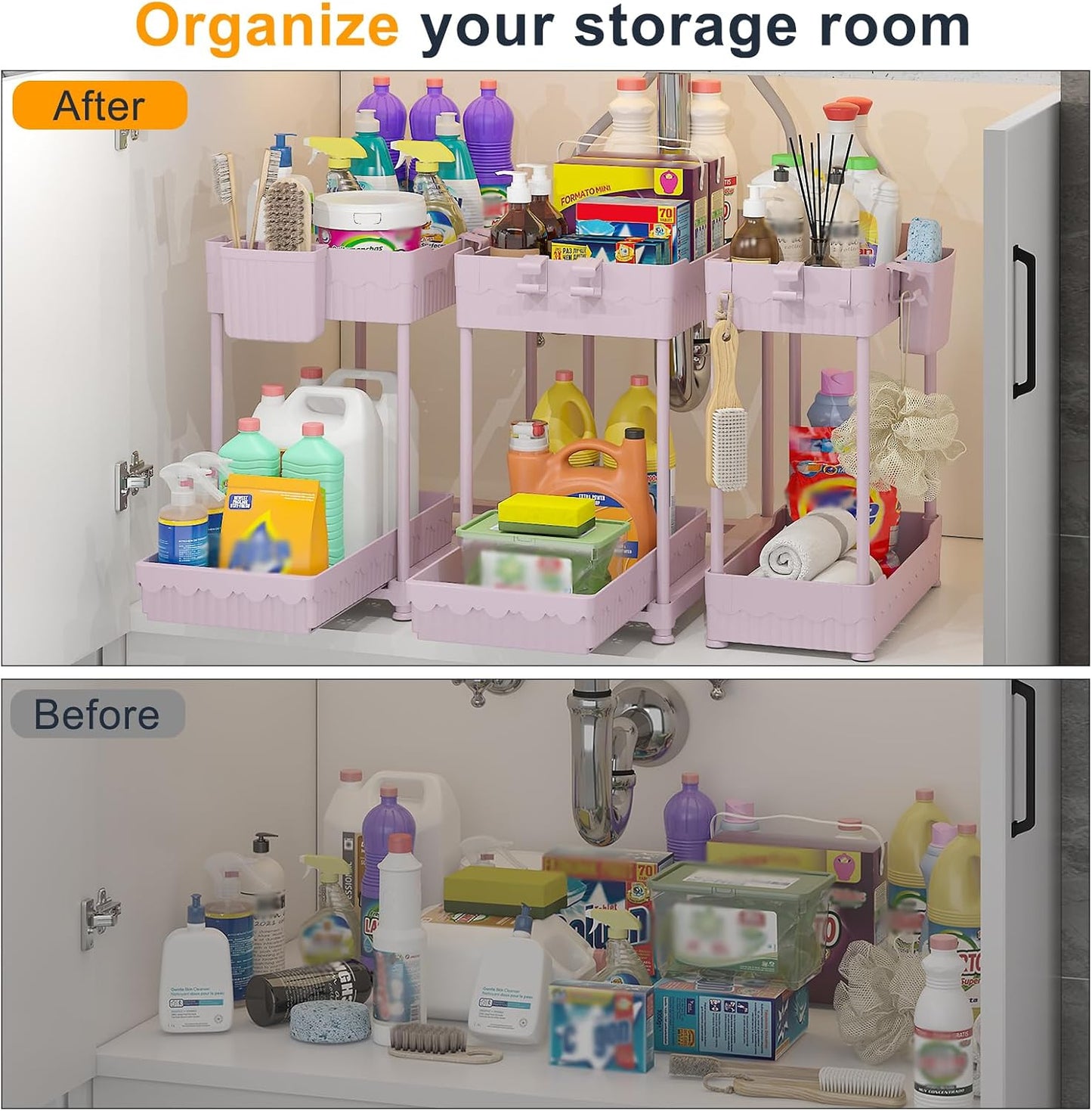 3-Pack 2-Tier Under Sink Organizers with Sliding Drawers | Multi-use kitchen & bathroom storage, 12.8 inch black cabinet organizer, space-saving sliding drawer design.