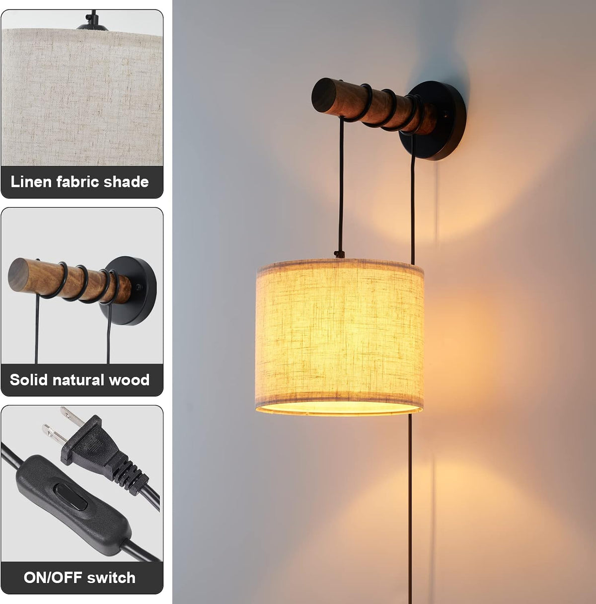 XSDeTu Battery Operated Wall Sconce with Remote, Rechargeable Battery Powered Wall Light, 3 Colors Dimmable Wall Mounted Lights, Adjustable Lamp for Bedroom Bedside, Wooden Arm, Fabric Shade, 2 Pcs