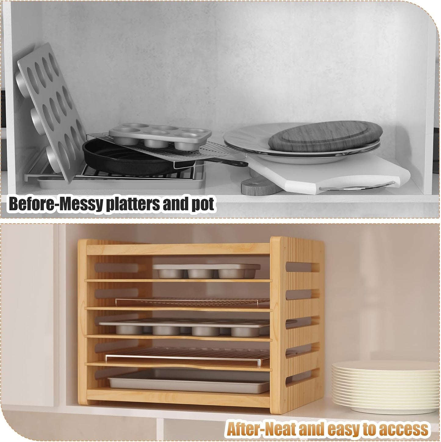 6 Tier Wooden Tray Dividers for Cabinets | Kitchen Vertical Cookie Sheet Organizer, Baking Trays Storage Rack, For Baking Pans, Cutting Board