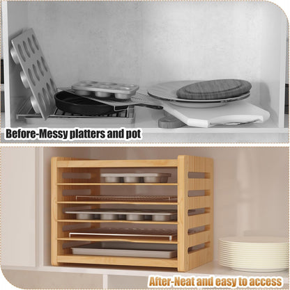 6 Tier Wooden Tray Dividers for Cabinets | Kitchen Vertical Cookie Sheet Organizer, Baking Trays Storage Rack, For Baking Pans, Cutting Board