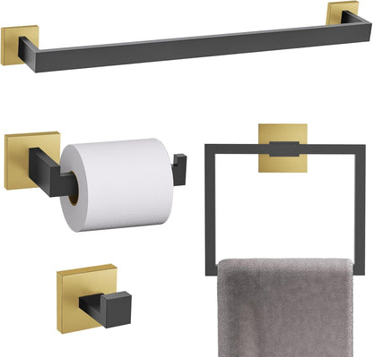 TURS Bathroom Hardware Set Black 4-Piece Towel Bar Set Include 24 Inch Towel Bar Hand Towel Holder Towel Hook Toilet Paper Holder with Shelf Wall Mounted Stainless Steel Bathroom Accessories Set