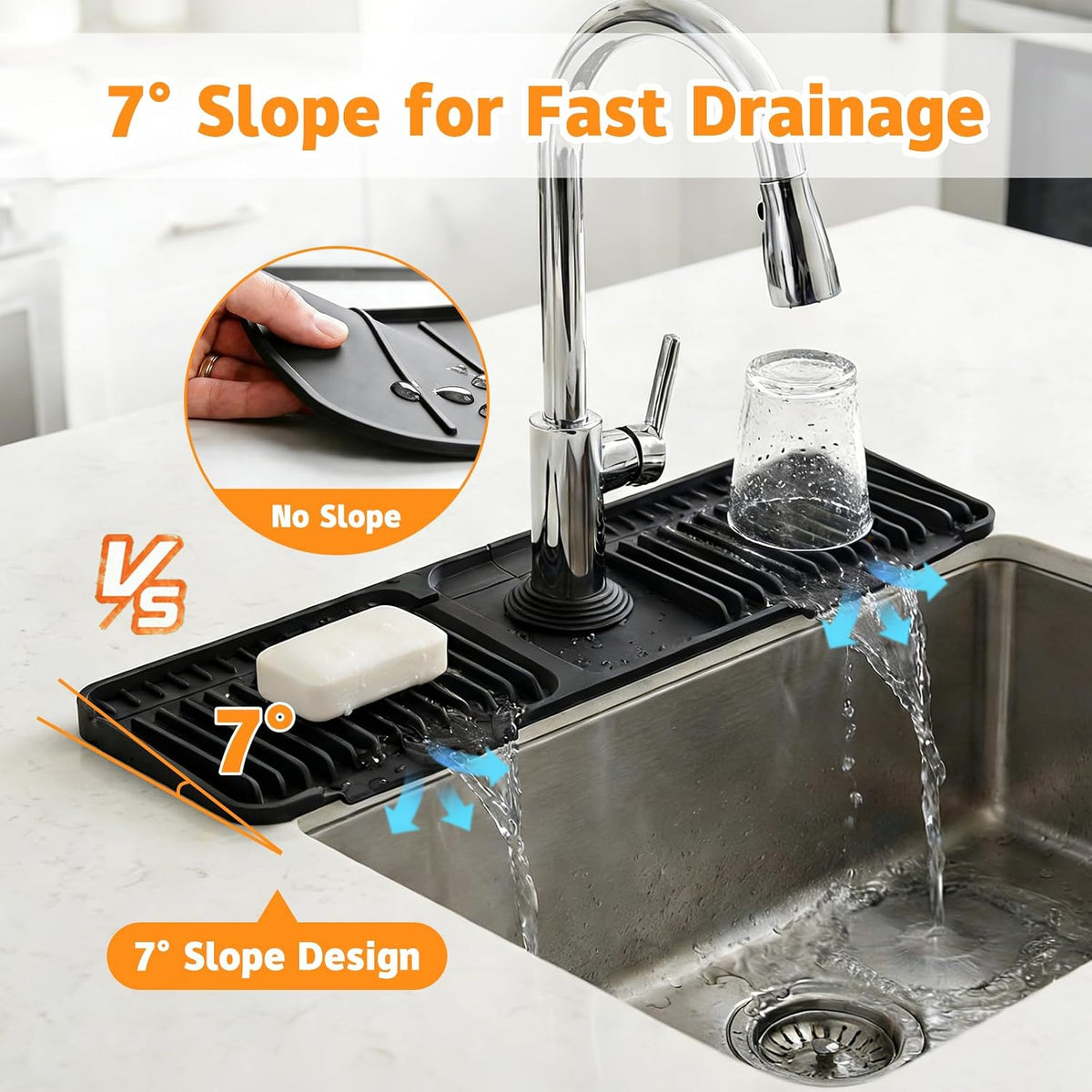 Silicone Faucet Mat for Kitchen Sink, 24" Splash Guard 7° Slope Fast Drain
