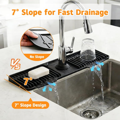 Silicone Faucet Mat for Kitchen Sink, 24" Splash Guard 7° Slope Fast Drain